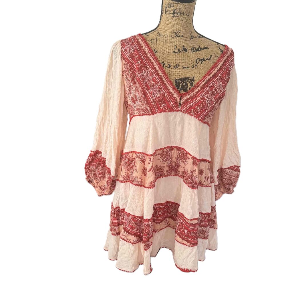 Free People My Love Mini Dress S Small Bohemian Patterned V Neck Long Sleeve